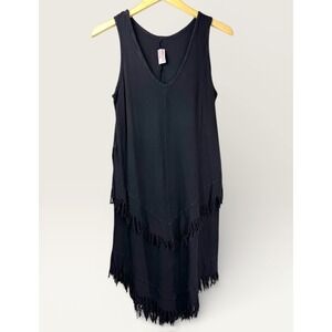 Vintage Black Fringe Sleeveless Cotton Tunic Dress Asymmetrical One Size